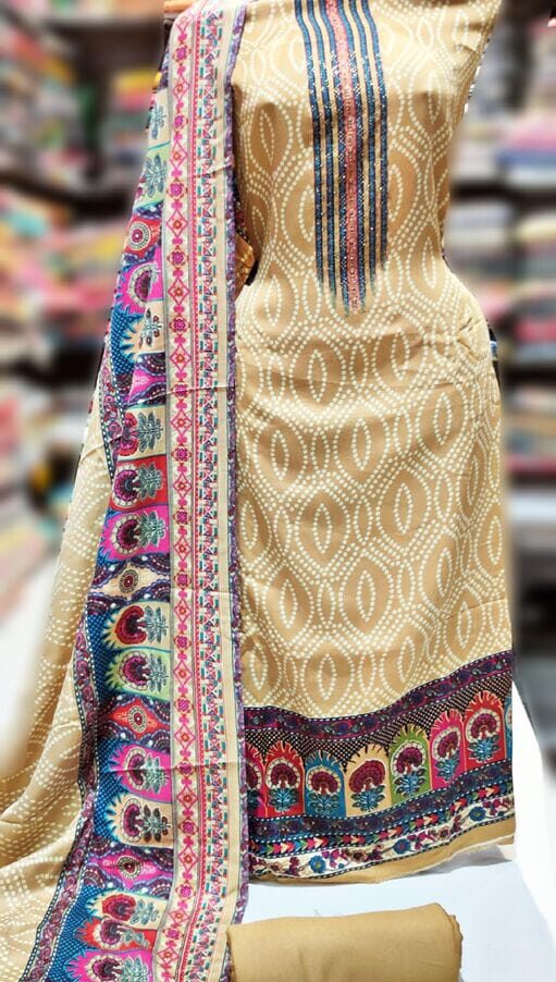 Pashmina Woolen Designer printed Suit With Full Size Shawl, Cream Color, Pashmina, 2.25 Meters