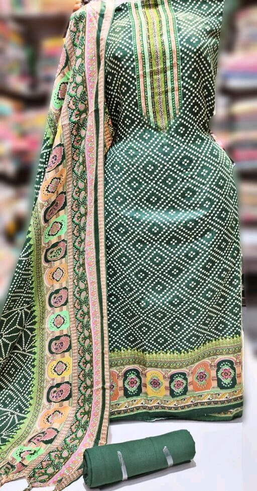Pashmina Woolen Designer printed Suit With Full Size Shawl, Green Color, Pashmina, 2.25 Meters