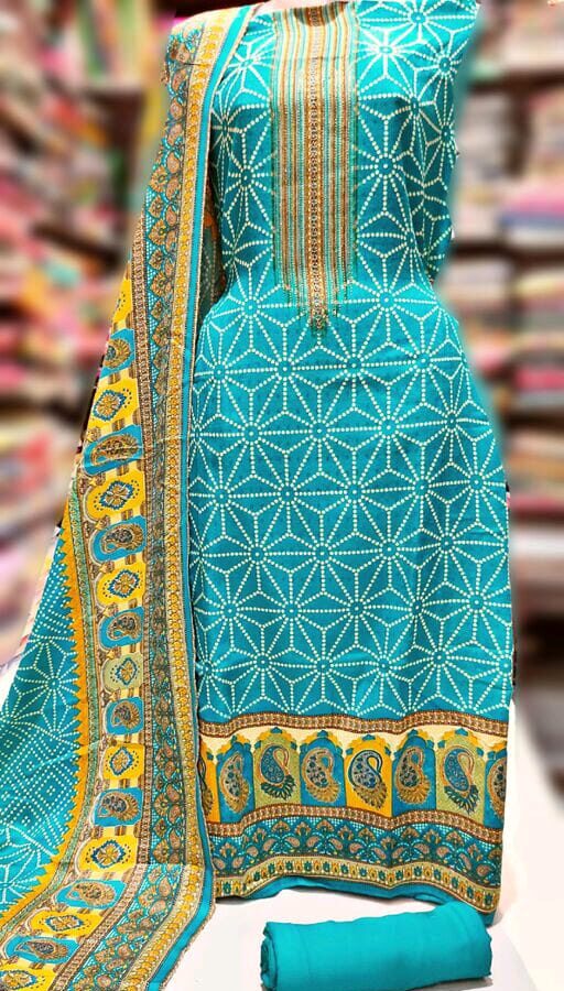 Pashmina Woolen Designer printed Suit With Full Size Shawl, Cyan Color, Pashmina, 2.25 Meters