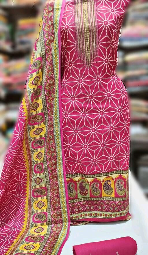 Pashmina Woolen Designer printed Suit With Full Size Shawl, Pink Color, Pashmina, 2.25 Meters