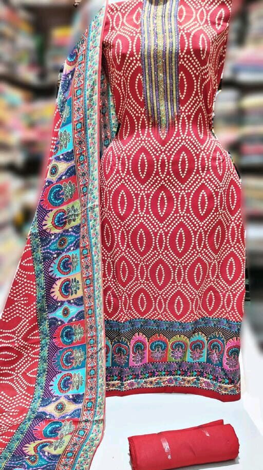 Pashmina Woolen Designer printed Suit With Full Size Shawl, Red Color, Pashmina, 2.25 Meters