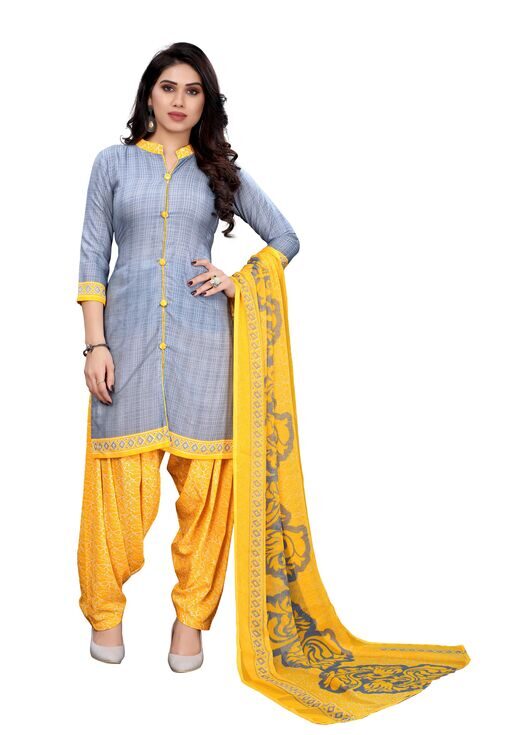 Aagam Fashionable Semi-Stitched Suits, Fabric Crepe, Color Gray Yellow, Crepe Dress Materis Premium Quality