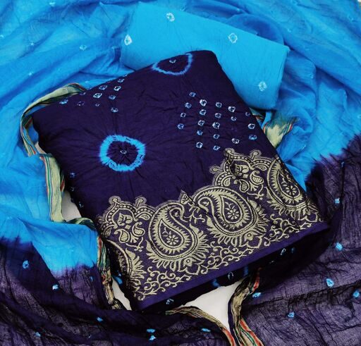 Abhisarika Attractive Salwar Suits & Bandhni Dress Materials, Top Fabric Cotton, Color Blue, Length 2.25 Meter