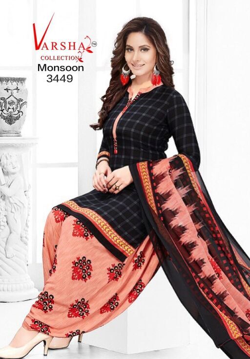 Alisha Fashionable Salwar Suits & Dress Materials, Synthetic Crepe, Color Black Checks, Top Length 2.25 Meters