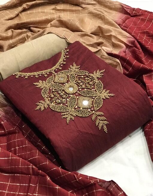 NEW BOUTIQUE COLLECTION FOR THIS SEASON Suits & Dress Materials, Fabric Chanderi Silk, Color Light Maroon, Length 4 Meter