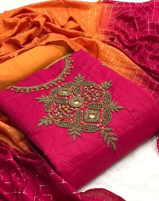 NEW BOUTIQUE COLLECTION FOR THIS SEASON Suits & Dress Materials, Fabric Chanderi Silk, Color Rani, Length 4 Meter