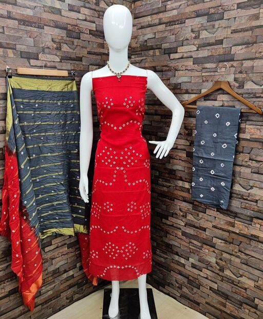 Vidhya Fashion Hub Pure Cotton Bandhni Suit Material, Color Red, Fabric Cotton, Top Length 2 Meters