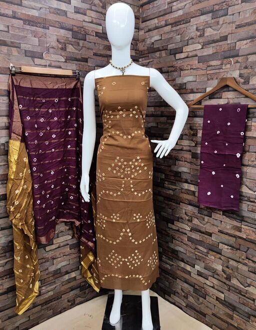 Vidhya Fashion Hub Pure Cotton Bandhni Suit Material, Color brown, Fabric Cotton, Top Length 2 Meter
