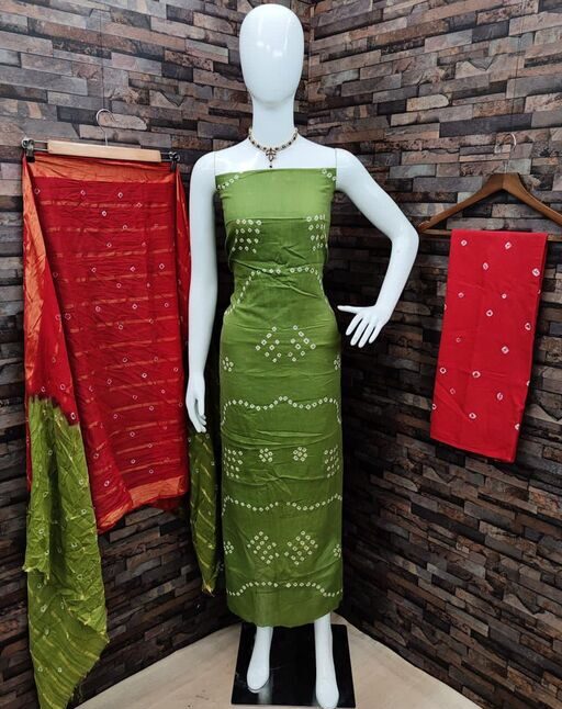 Vidhya Fashion Hub Pure Cotton Bandhni Suit Material, Color Green, Fabric Cotton, Top Length 2 Meter