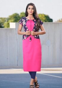 Jivika Fabulous Kurtis, Three-Quarter Sleeves, Fabric Cotton Blend, Dark Pink Color Kurti with Jacket