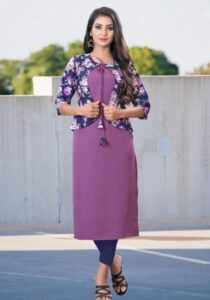 Jivika Fabulous Kurtis, Three-Quarter Sleeves, Fabric Cotton Blend, Purple Color Kurti with Jacket