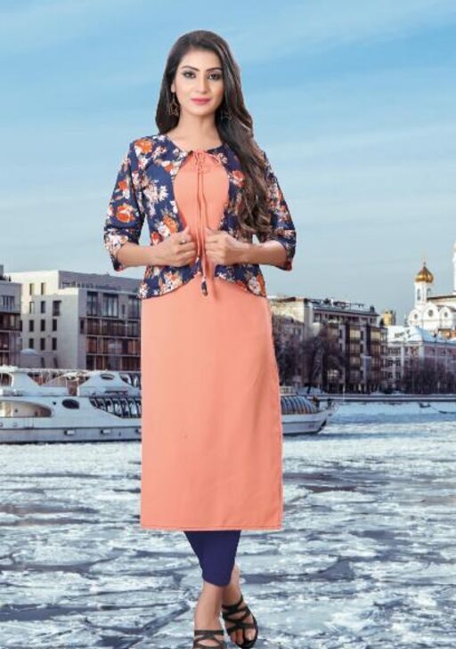 Jivika Fabulous Kurtis, Three-Quarter Sleeves, Fabric Cotton Blend, Peach Color Kurti with Jacket