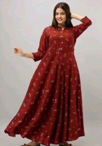 Printed Anarkali Kurti for Women Ethnic Wear Rayon Fabric full length Red color kurti