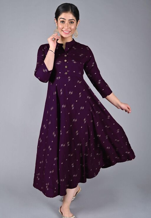 Printed Anarkali Kurti for Women Ethnic Wear Rayon Fabric full length Purple color kurti