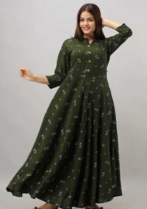 Printed Anarkali Kurti for Women Ethnic Wear Rayon Fabric full length Dark Green color kurti