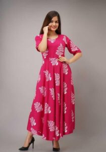 Printed Anarkali Kurti for Women Ethnic Wear Rayon Fabric full length Dark Pink color kurti