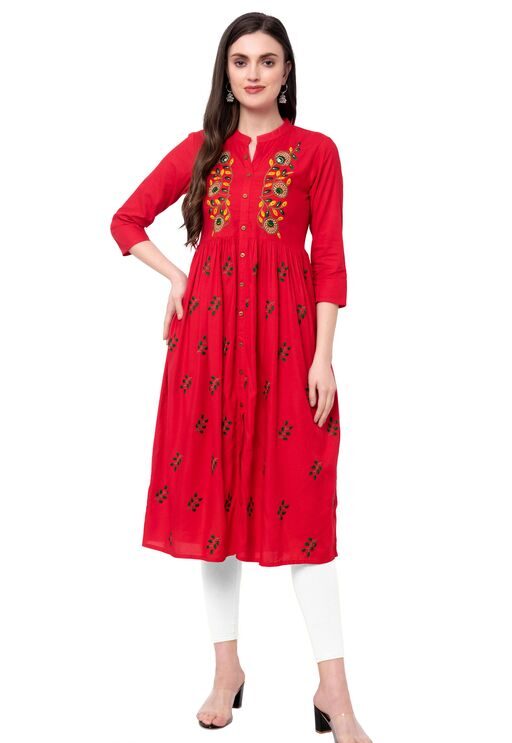 Women Embroidered Rayon Flared Kurta, Fabric Rayon, Red Color kurti
