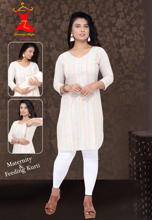 Aakarsha Petite Kurtis Cotton Silk Feeding Kurti, Maternity Gown White Pink Line Color, Printed Feeding Gown