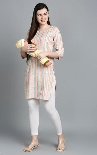 Aakarsha Petite Kurtis Cotton Silk Feeding Kurti, Maternity Gown Brown Pink Line Color, Printed Feeding Gown