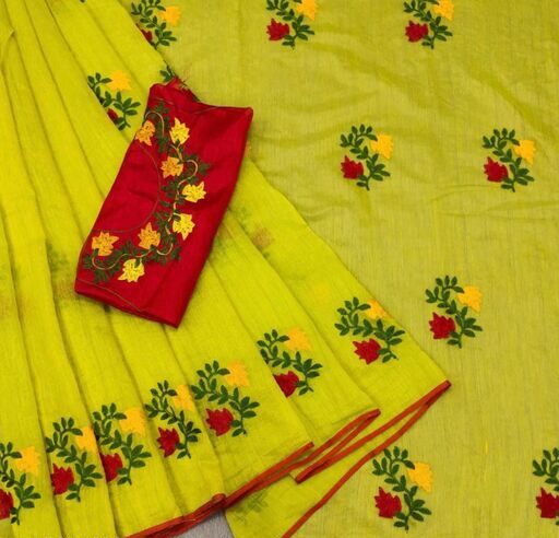 Kashvi Voguish Sarees Embroidered Chanderi Cotton Fabric Saree, Yellow Color Saree with Separate Dupion Silk Blouse Piece