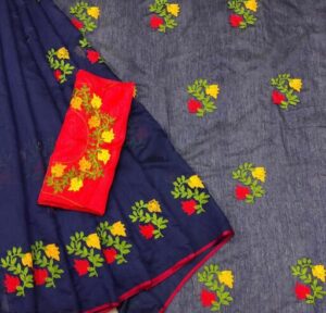 Kashvi Voguish Sarees Embroidered Chanderi Cotton Fabric Saree, Blue Color Saree with Separate Dupion Silk Blouse Piece