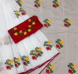 Kashvi Voguish Sarees Embroidered Chanderi Cotton Fabric Saree, White Color Saree with Separate Dupion Silk Blouse Piece
