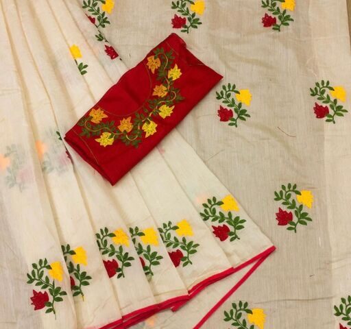 Kashvi Voguish Sarees Embroidered Chanderi Cotton Fabric Saree, Cream Color Saree with Separate Dupion Silk Blouse Piece