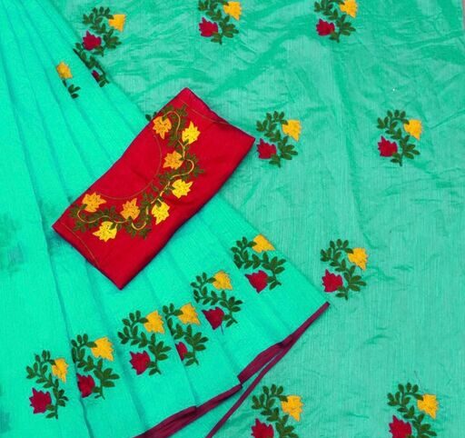 Kashvi Voguish Sarees Embroidered Chanderi Cotton Fabric Saree, Cyan Color Saree with Separate Dupion Silk Blouse Piece