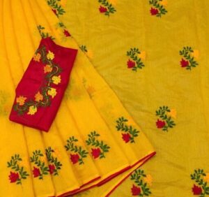 Kashvi Voguish Sarees Embroidered Chanderi Cotton Fabric Saree, Golden Color Saree with Separate Dupion Silk Blouse Piece